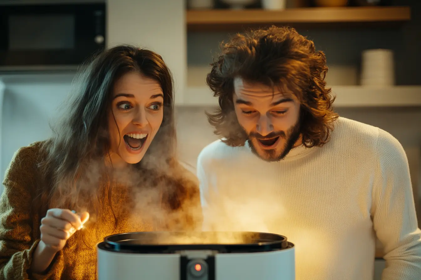 Excited couple looking into modern air fryer in bright kitchen