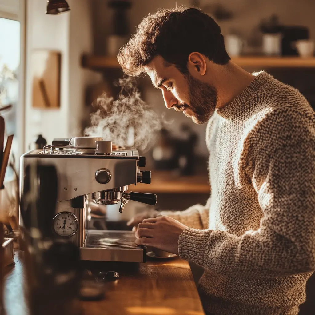 Young man operating espresso machine