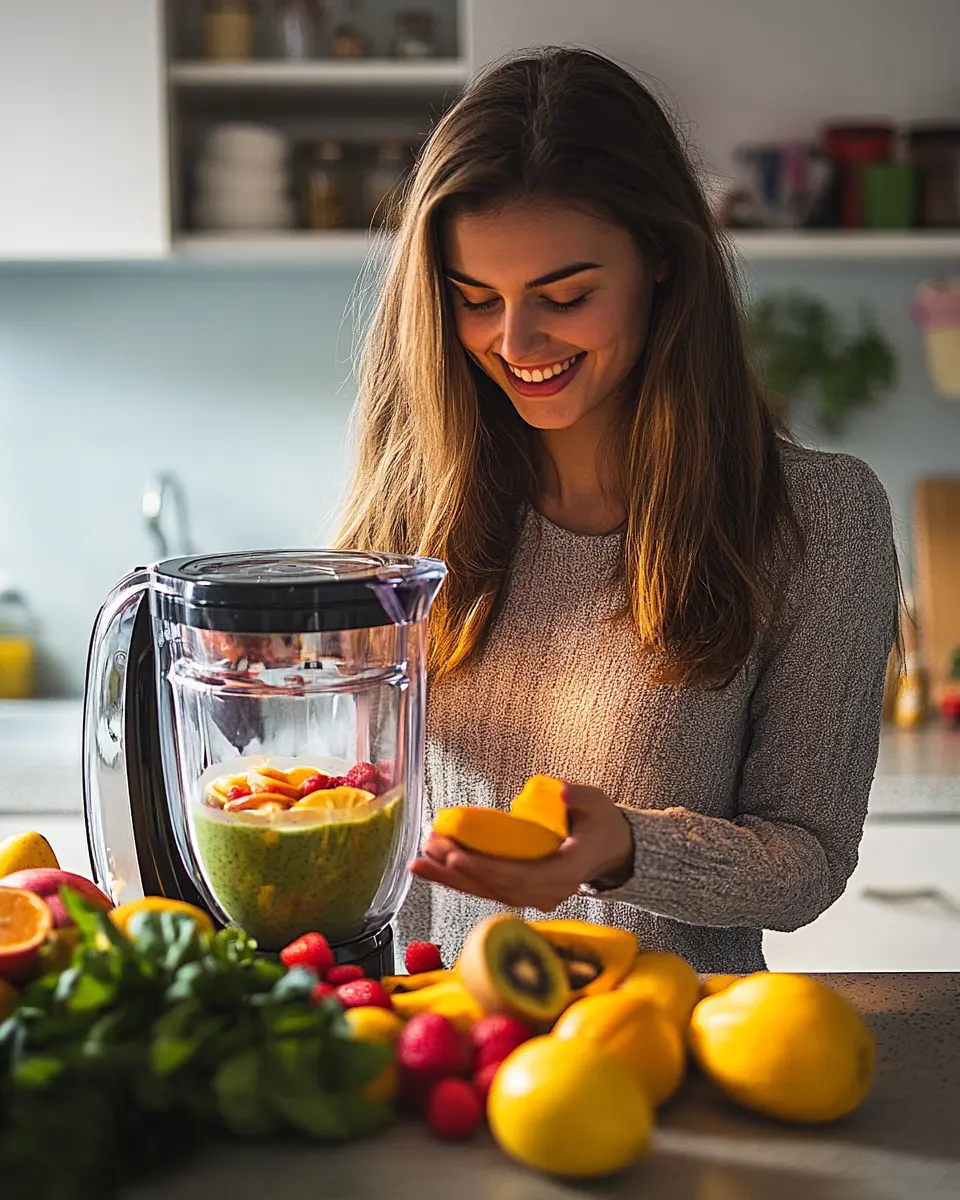 Woman making smoothie with blender